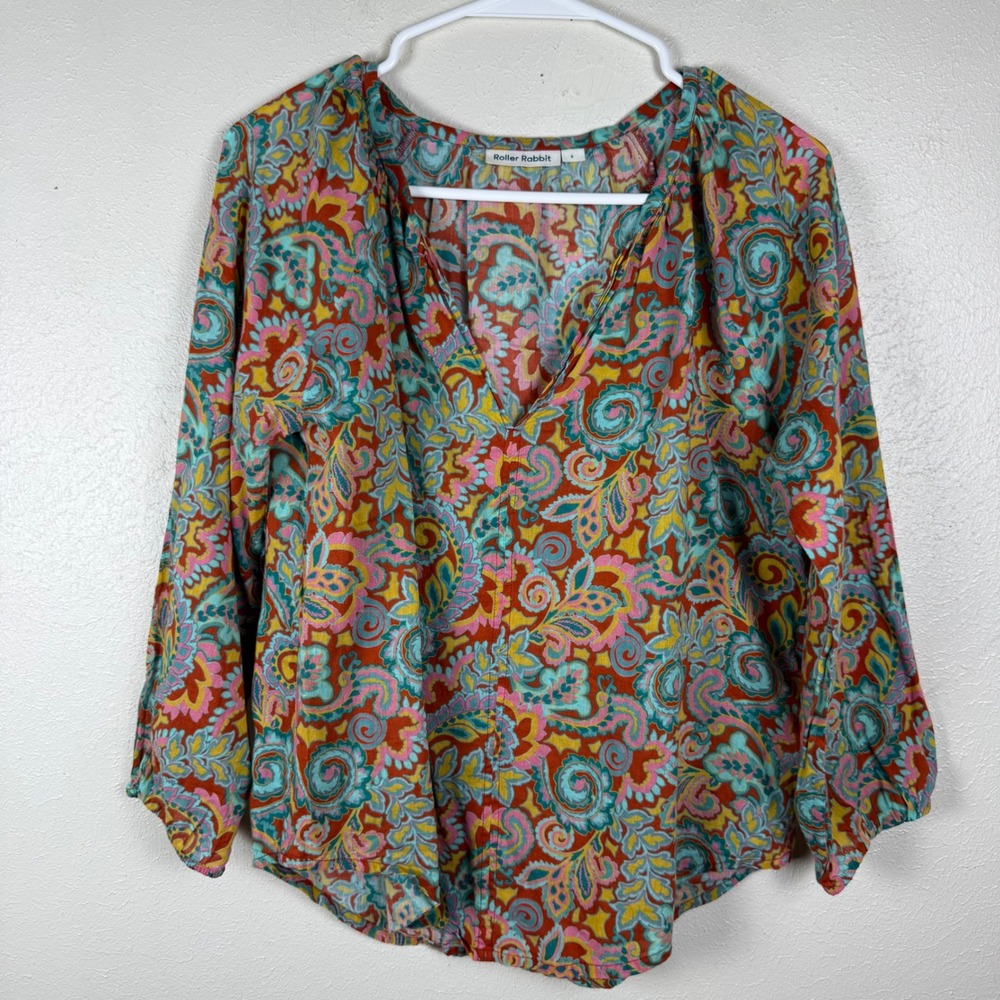 Roller Rabbit Womens Paisley Cotton V-Neck Blouse Multi-Color Boho‎ Top Size S